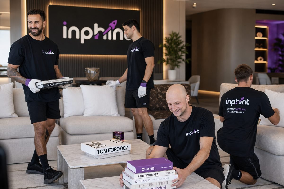 Property styling logistics — crew arranging styled furniture